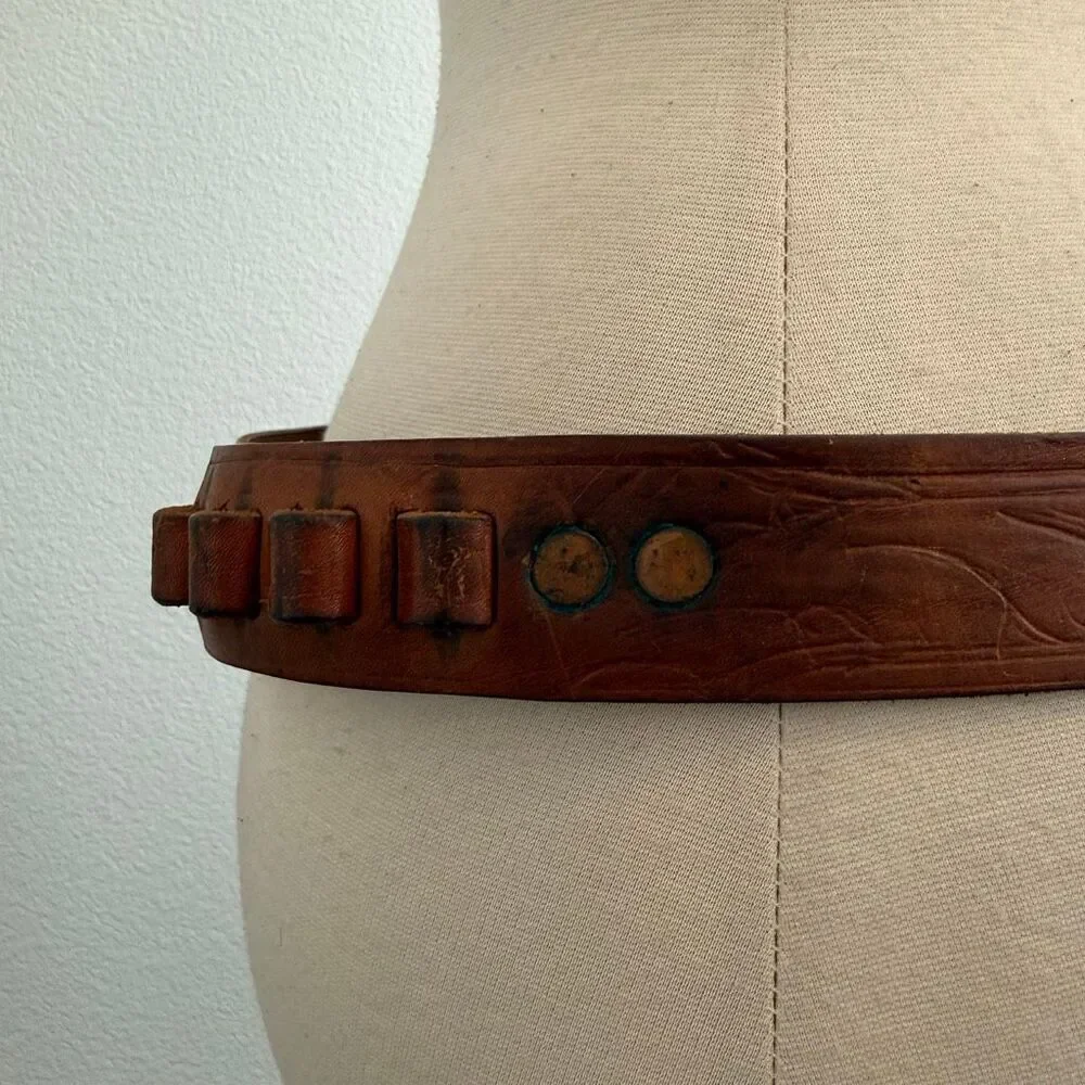 Vintage Brown Leather Bullet Circle Western Cowboy Belt 33”-36” Leather Southwes
